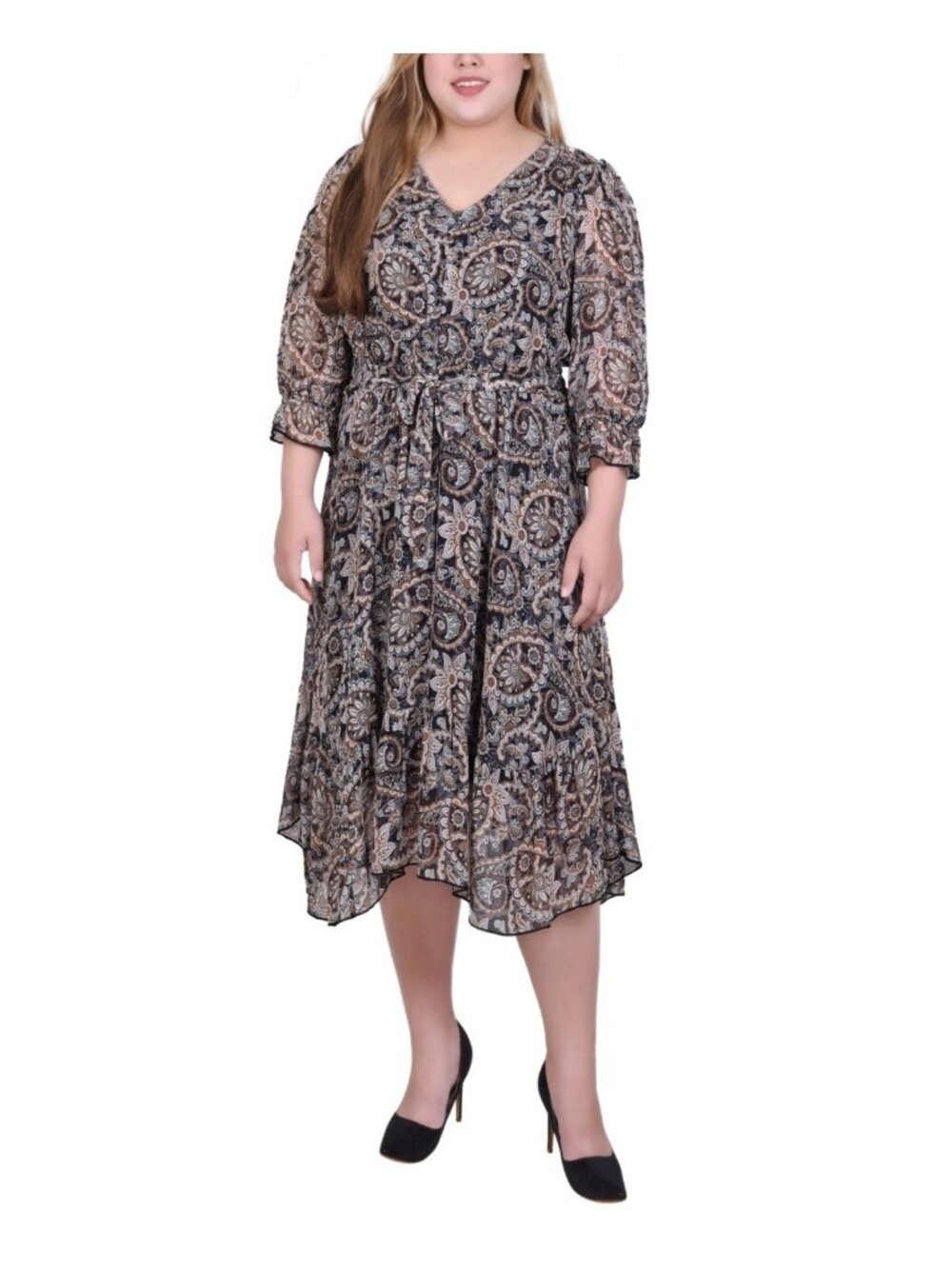 NY Collection Plus Size 1X Polyester Brown 3/4 Sleeve V-Neck Flounced Dress $60